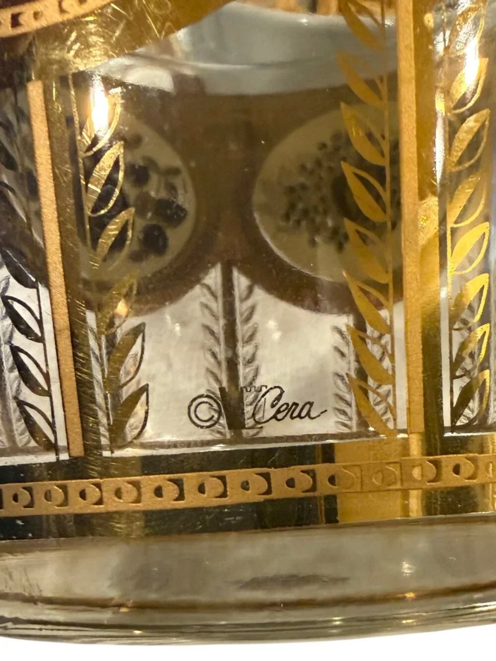 vtg 60s CERA gold metallic fruit print glass ice bucket small